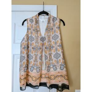 Sophie Max Boho Paisley Sleeveless Tunic Blouse XS Sheer Flowy Layered V Neck